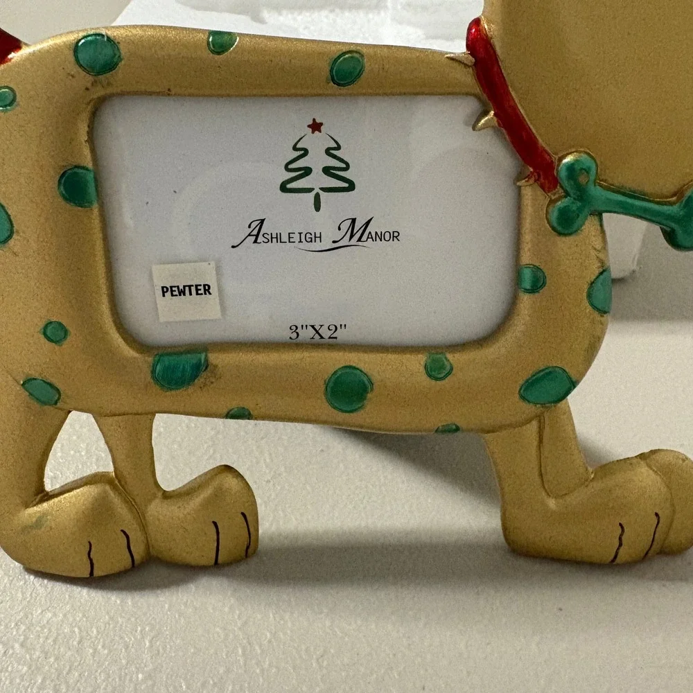 Ashleigh Manor Pewter Dog Picture Frame Gold Polka Dots Holidays Bone Collar 3x2